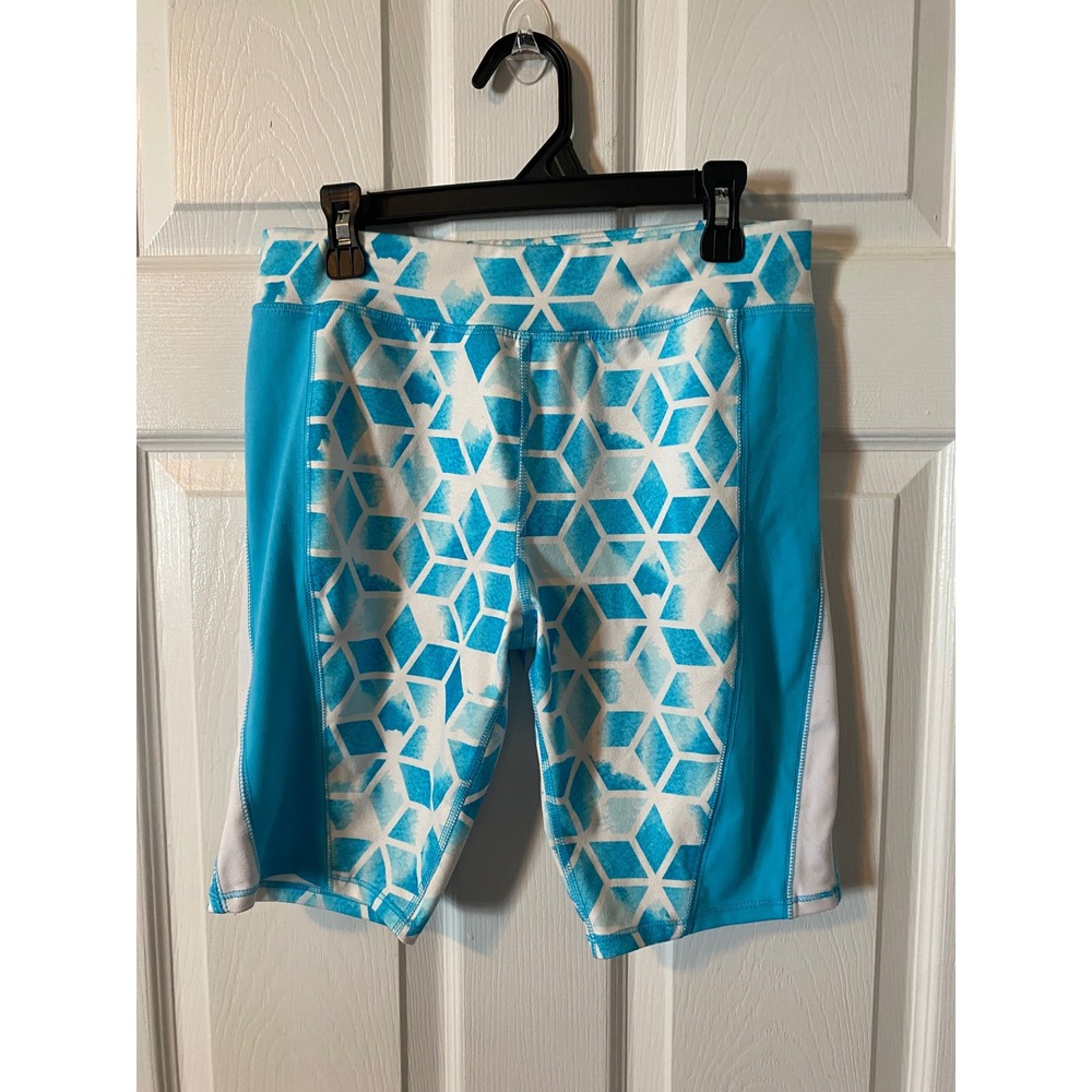 Athletic Works Girls Blue White Geometric Cube Print Bike Shorts XL 14-16